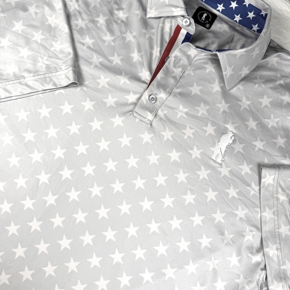 USAG U Suck At Golf Mens Performance Polo Shirt Gray White Stars‎ Patriotic XL